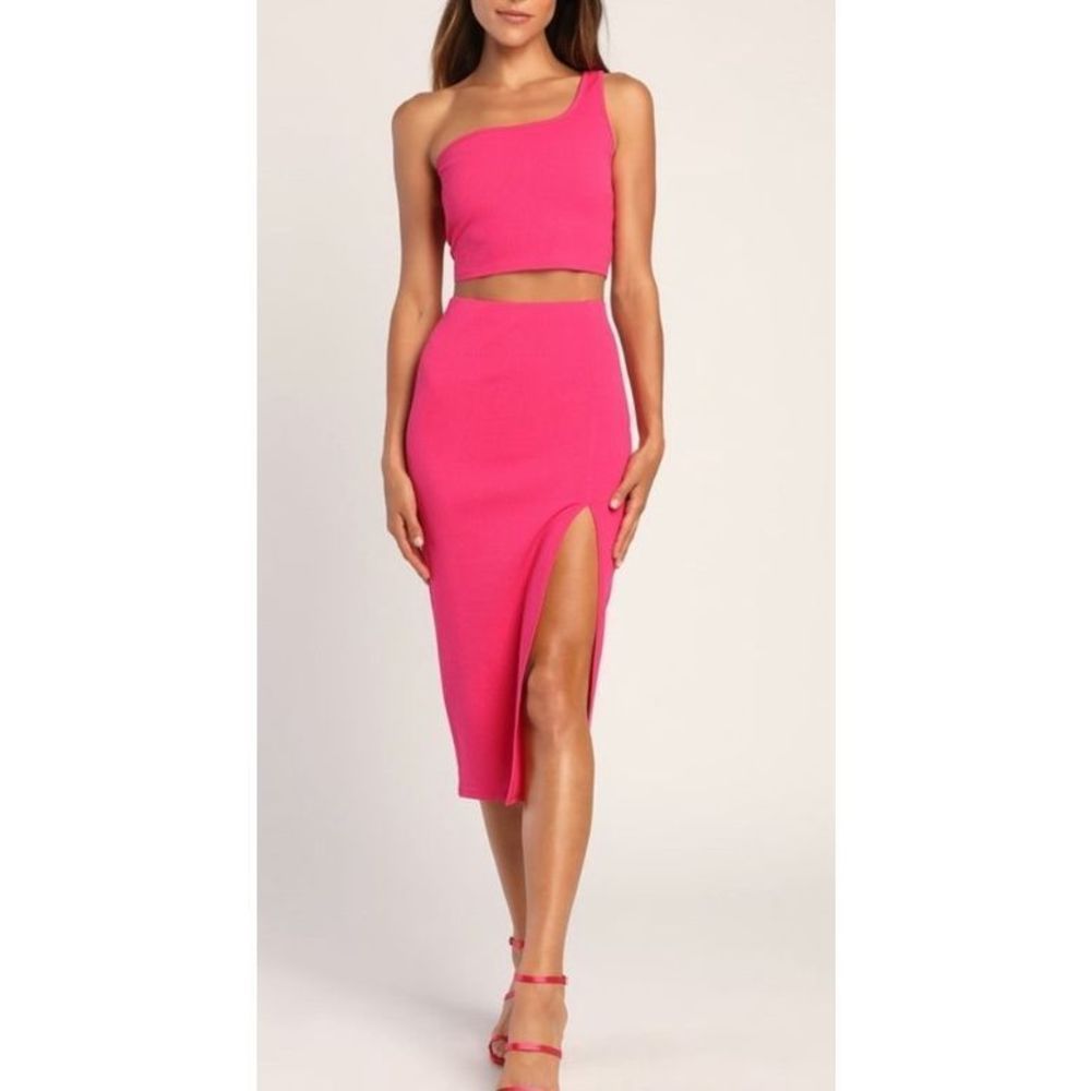 Lulu's Hot Pink One-Shoulder Midi Dress with Thigh Slit